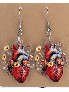 Anatomical Heart Flower Dangle Earrings - Red Floral Acrylic
